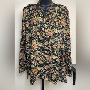 Seema Black Floral‎ Long Sleeve V- Neck Blouse